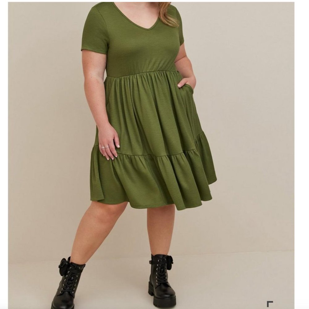 torrid Olive Green Tiered V-Neck Mini Dress